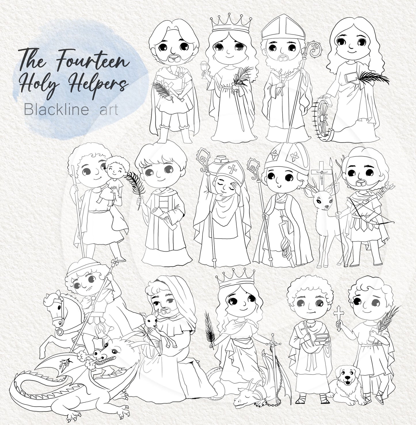 The Fourteen Holy Helpers Black line art, digital stamp, Religion clipart, Bible stories Clipart, Hand draw illustration PNG files