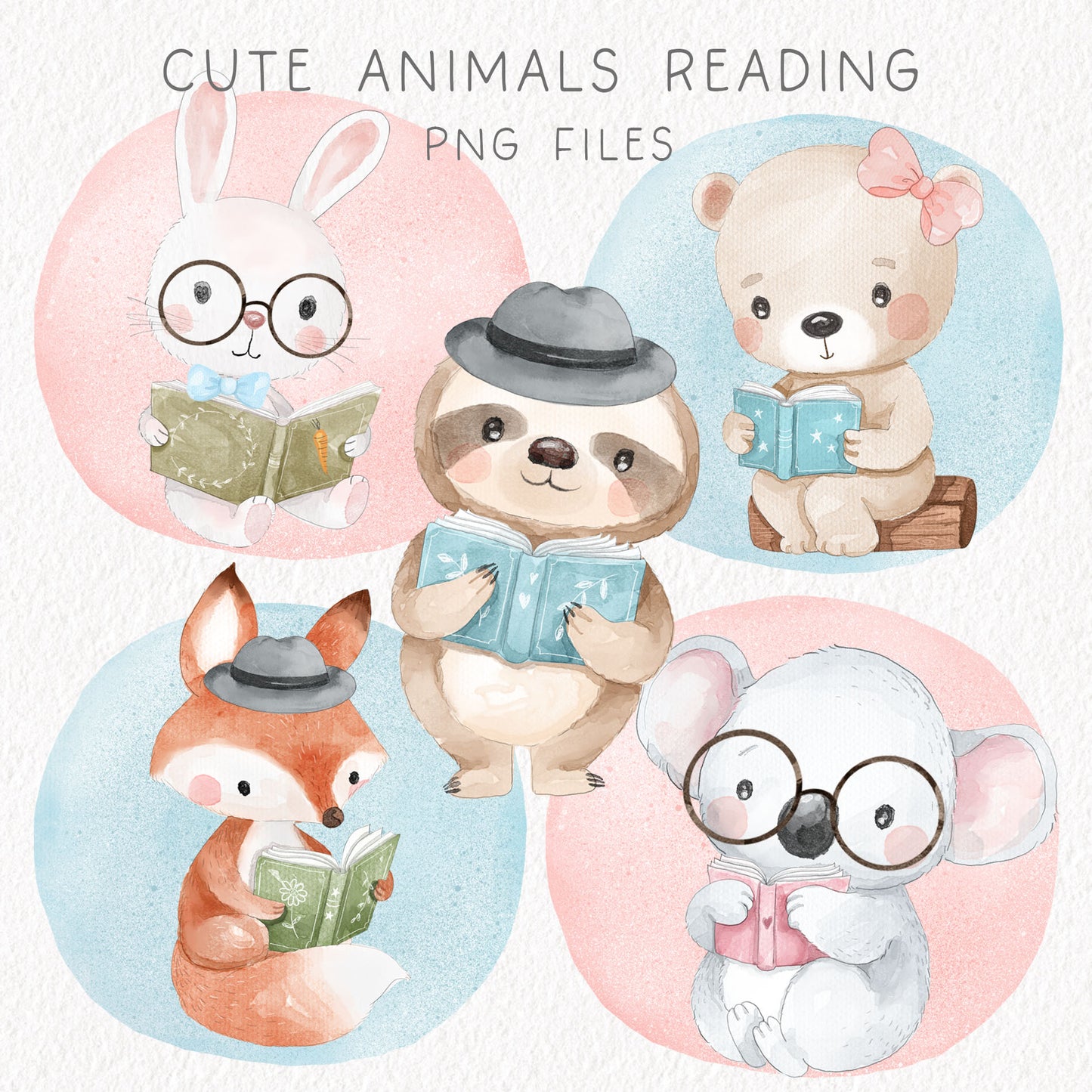 Cute Animals reading clipart , seamless Pattern design, Hand drawn clipart, Instant Download PNG file - 300 dpi