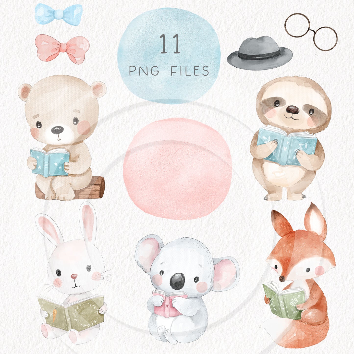 Cute Animals reading clipart , seamless Pattern design, Hand drawn clipart, Instant Download PNG file - 300 dpi