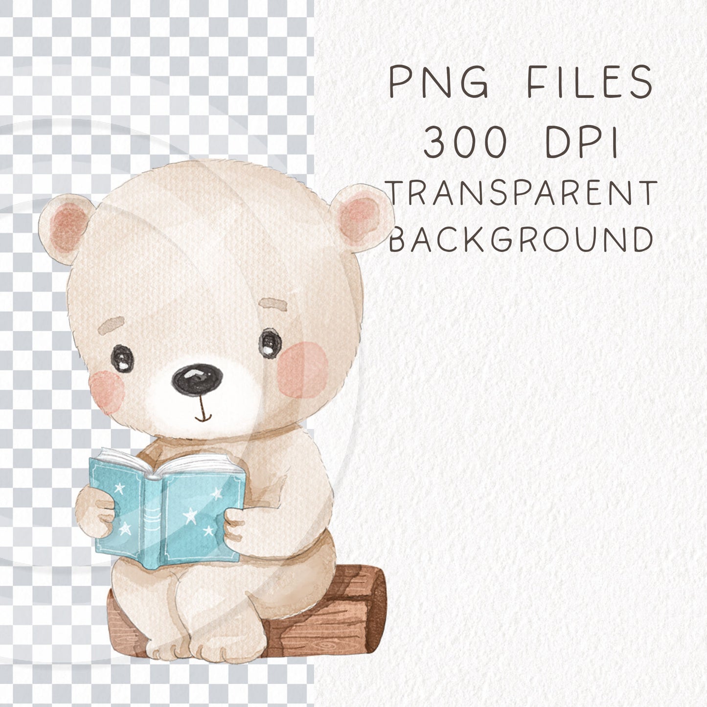 Cute Animals reading clipart , seamless Pattern design, Hand drawn clipart, Instant Download PNG file - 300 dpi
