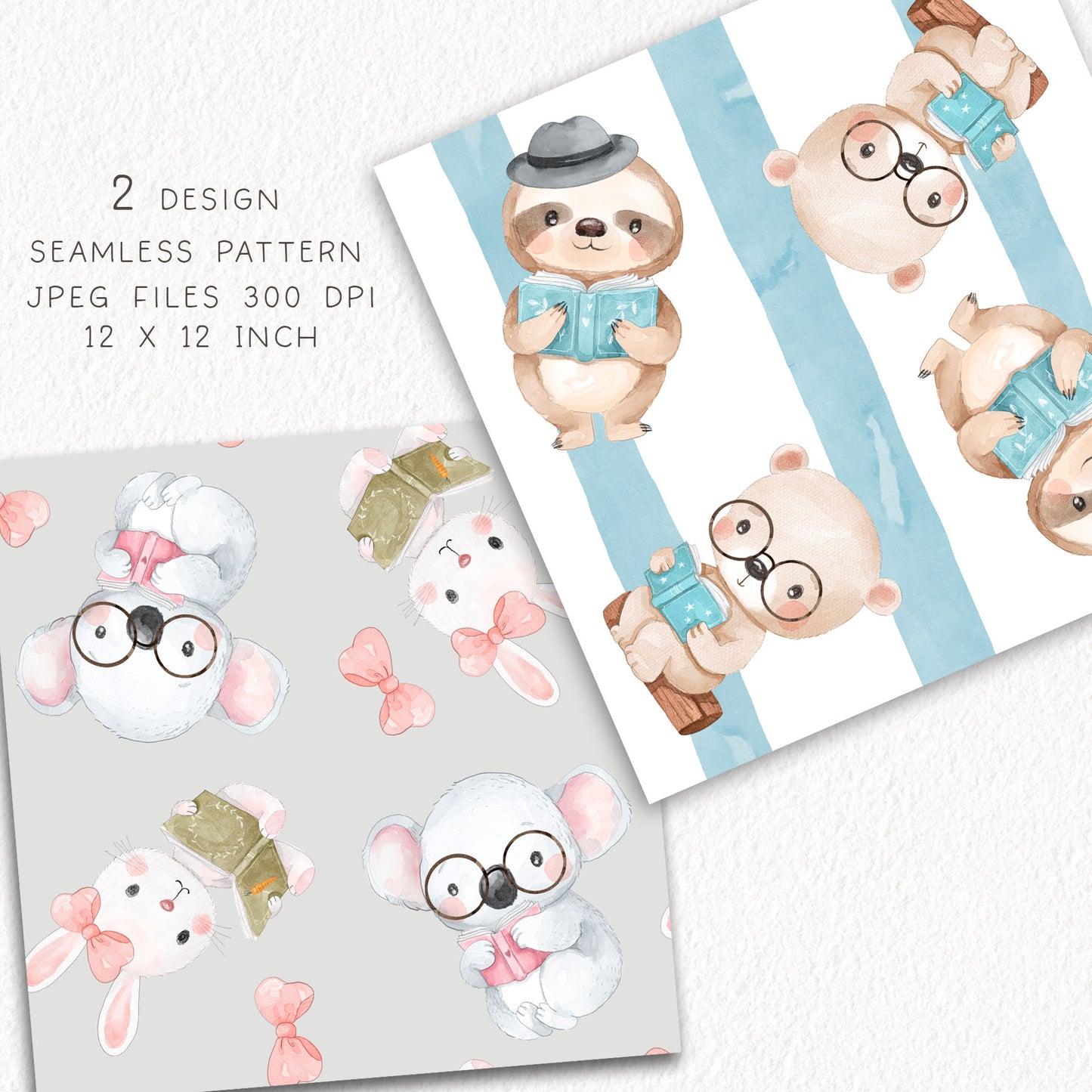 Cute Animals reading clipart , seamless Pattern design, Hand drawn clipart, Instant Download PNG file - 300 dpi