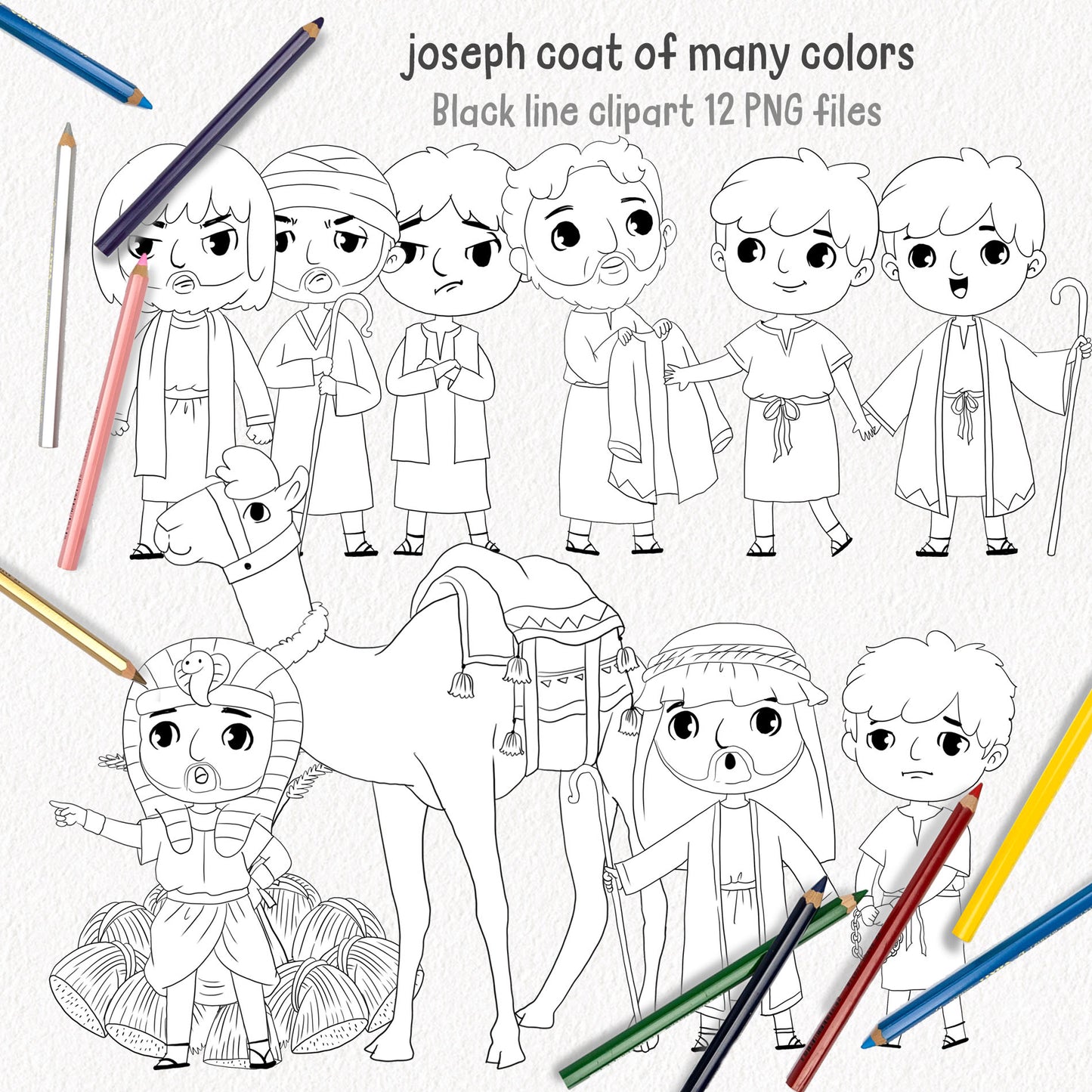 Joseph Coat of Many Colors, Bible Characters , digital stamp clipart, blackline art instant download PNG file - 300 dpi (Copy)