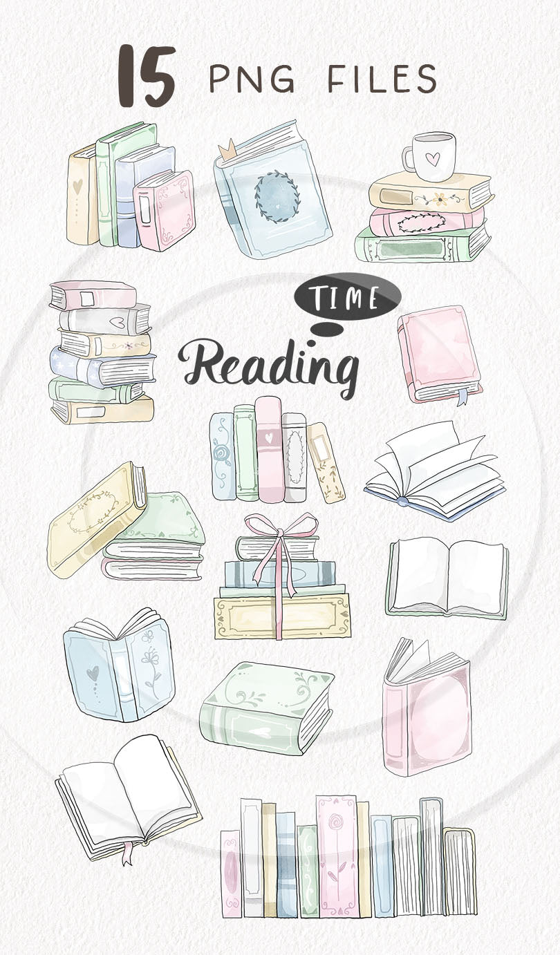 Books lovers clipart, Books doodle clipart, digital stamp, instant download PNG file - 300 dpi