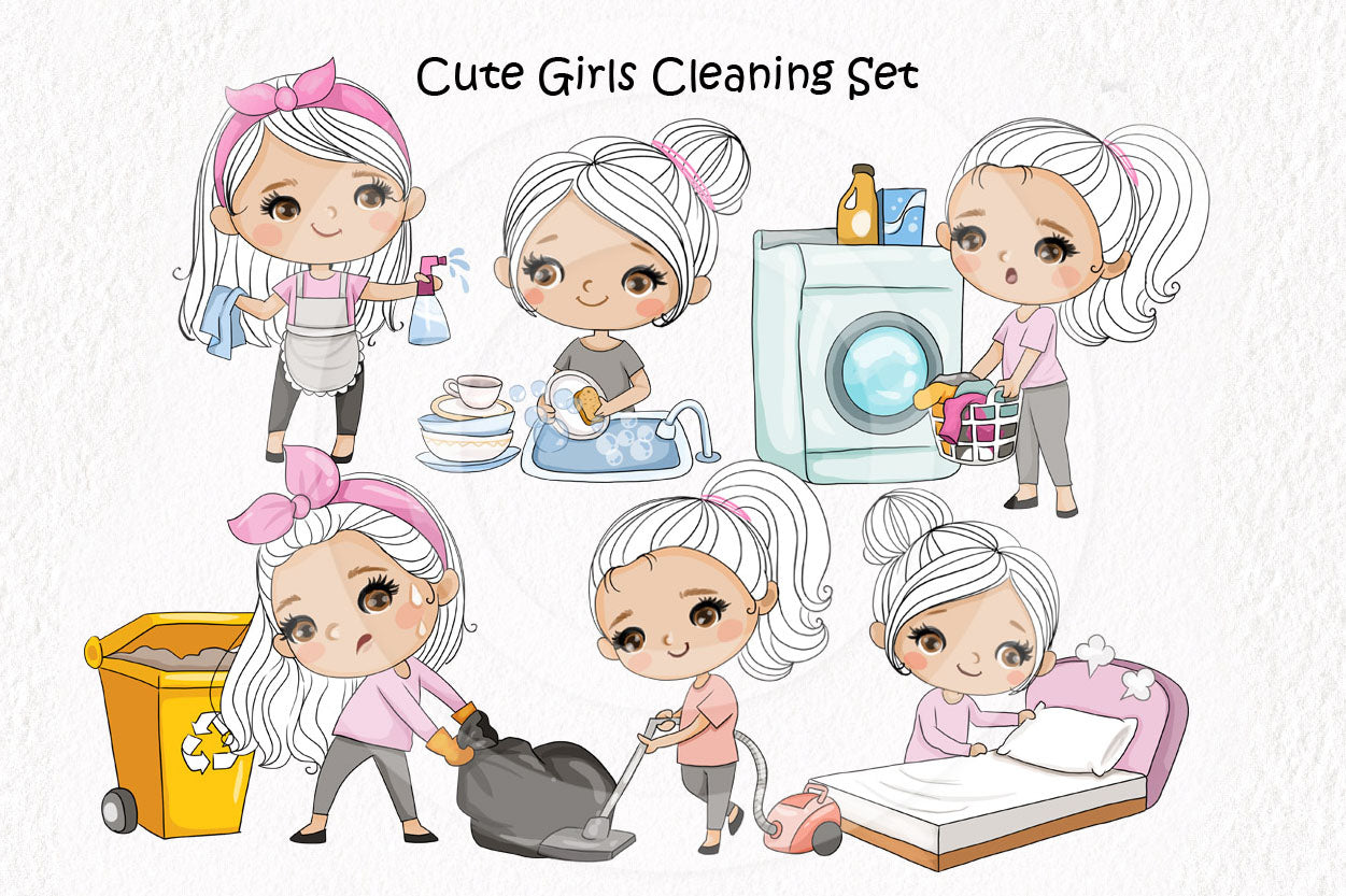 Cute girls cleaning clipart instant download PNG file - 300 dpi