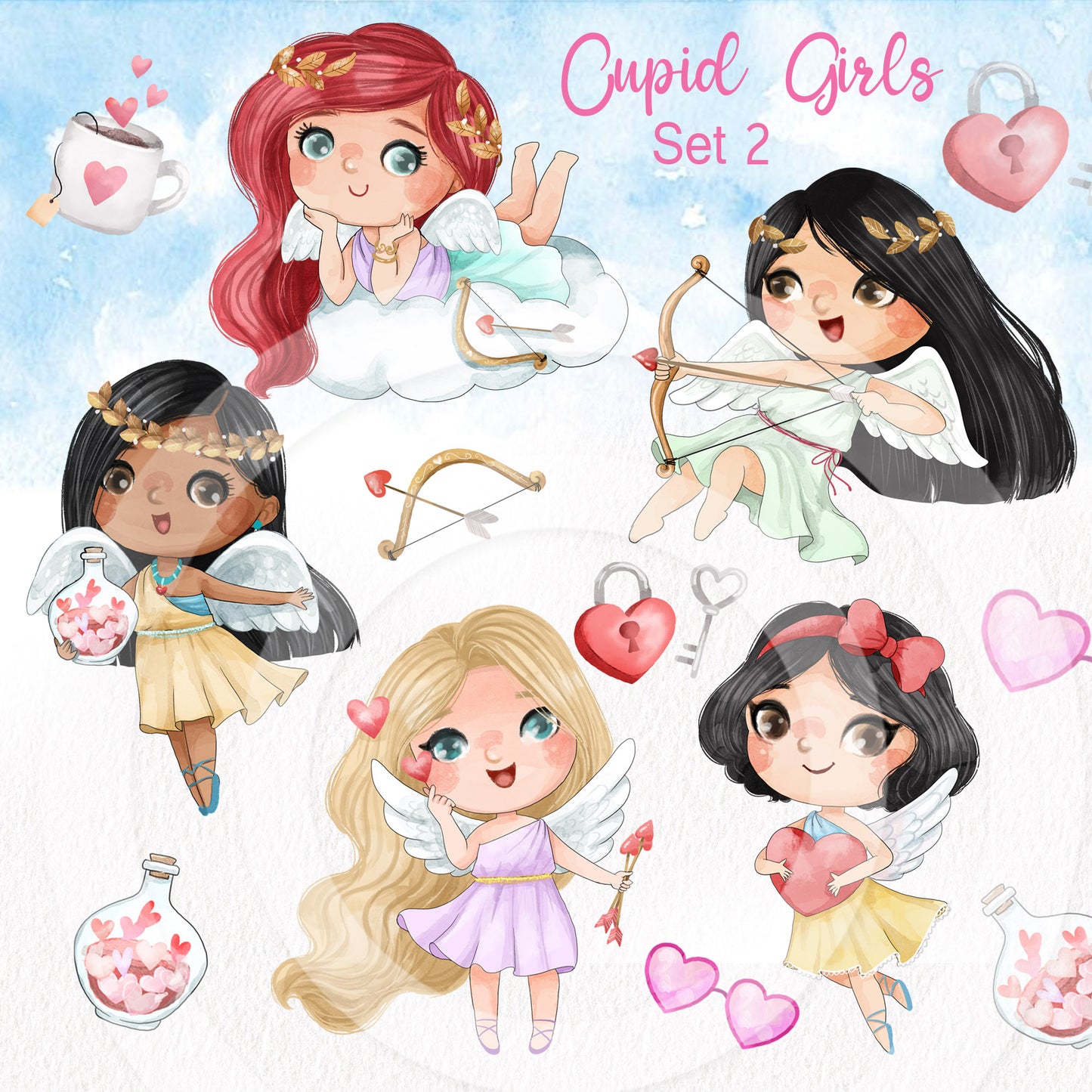Cute Cupid girls clipart set 2, Cupid Clipart, valentines Clipart instant download PNG file - 300 dpi
