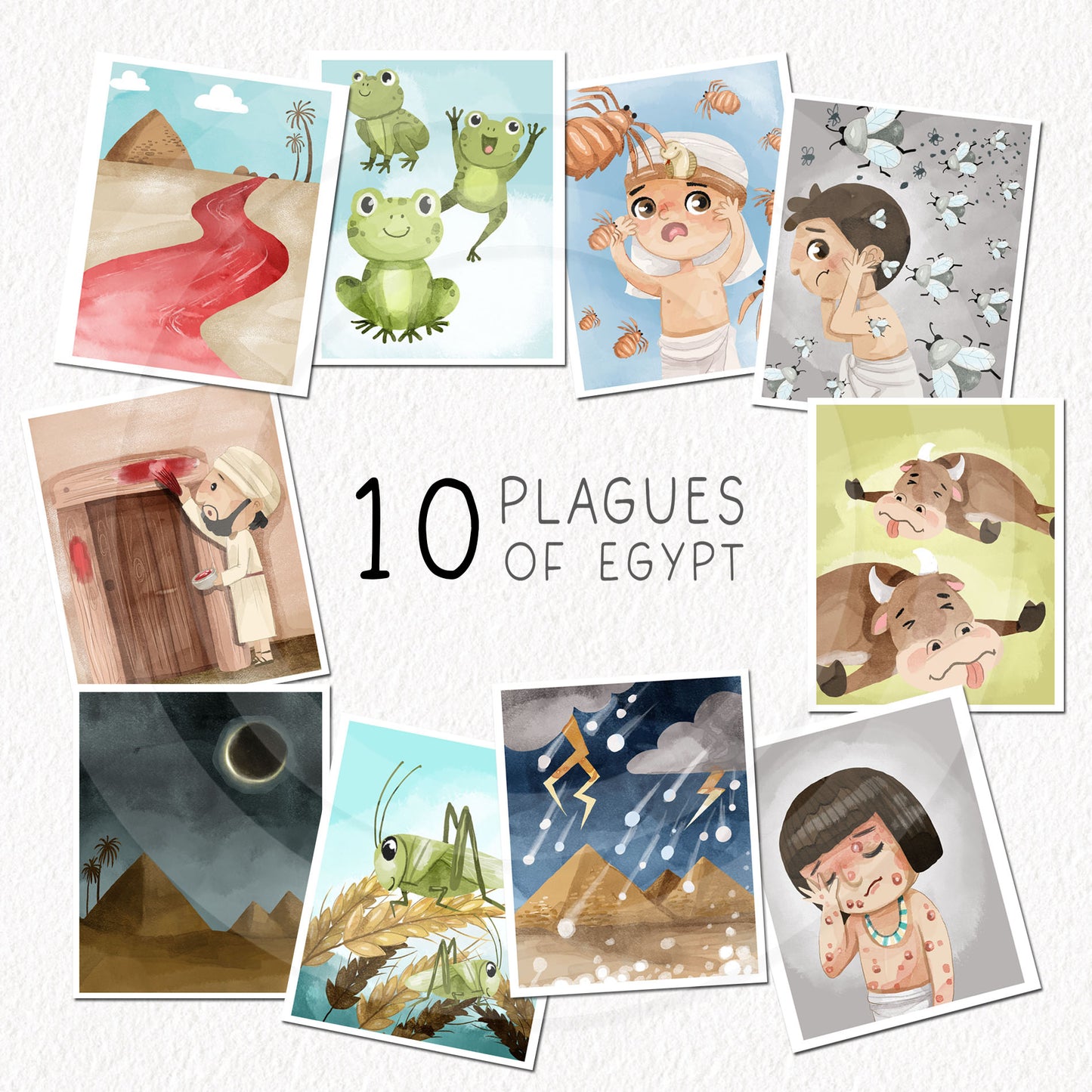 TEN PLAGUES of Egypt Clipart , Bible Stories, hand drawn illustration, Instant Download PNG files 300 dpi.