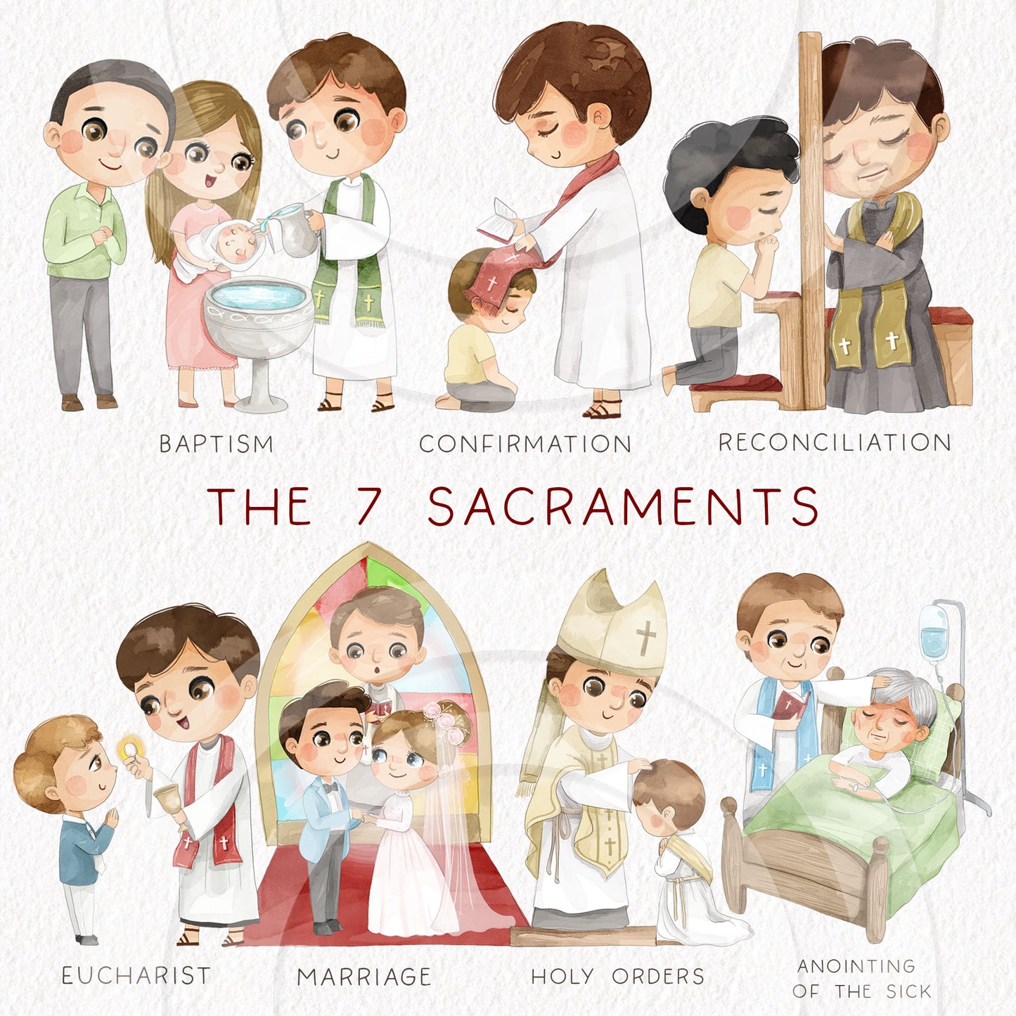 The Seven Sacraments Clipart , Bible Stories, hand drawn illustration, Instant Download PNG files 300 dpi.