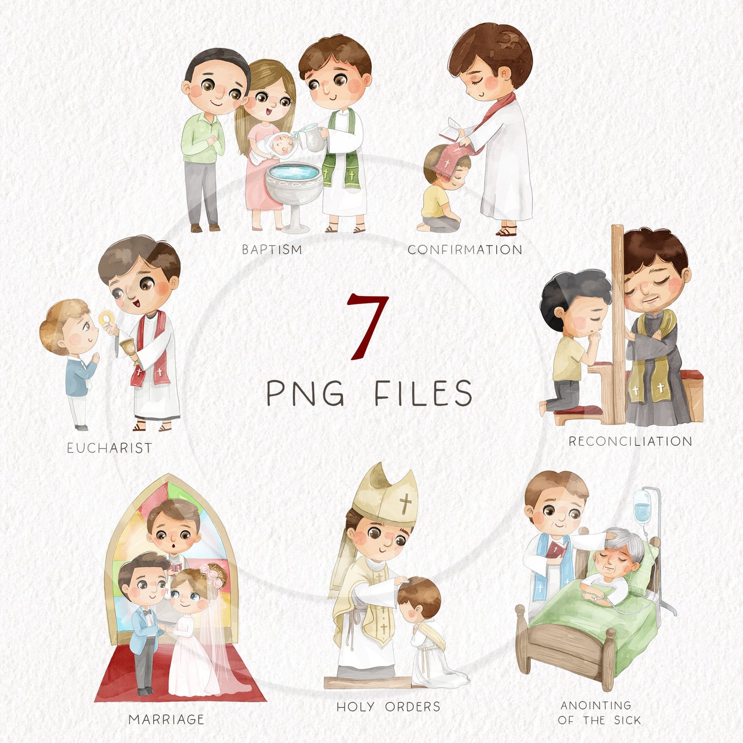 The Seven Sacraments Clipart , Bible Stories, hand drawn illustration, Instant Download PNG files 300 dpi.