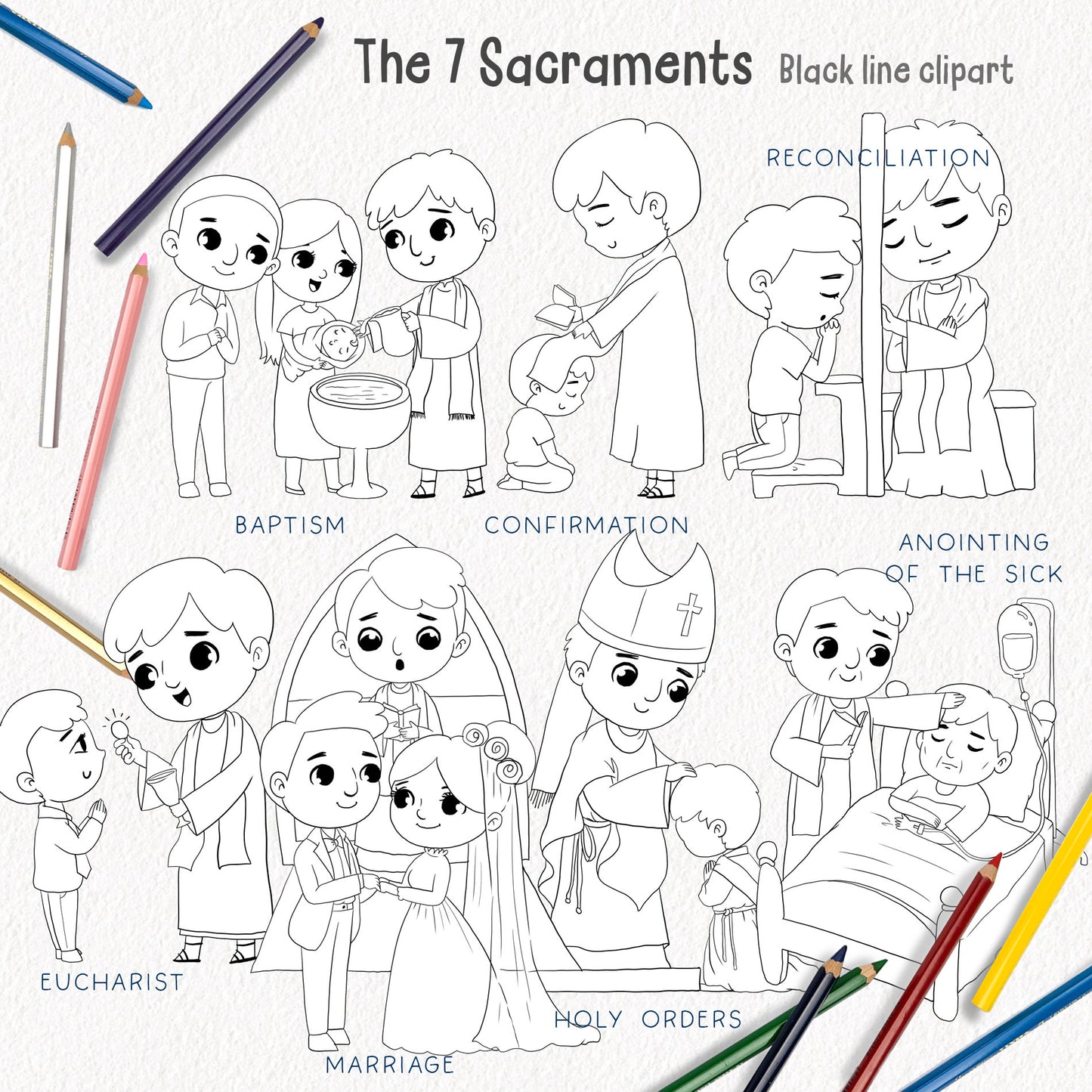The Seven Sacraments Clipart, Bible Characters , digital stamp clipart, blackline art instant download PNG file - 300 dpi (Copy) (Copy)
