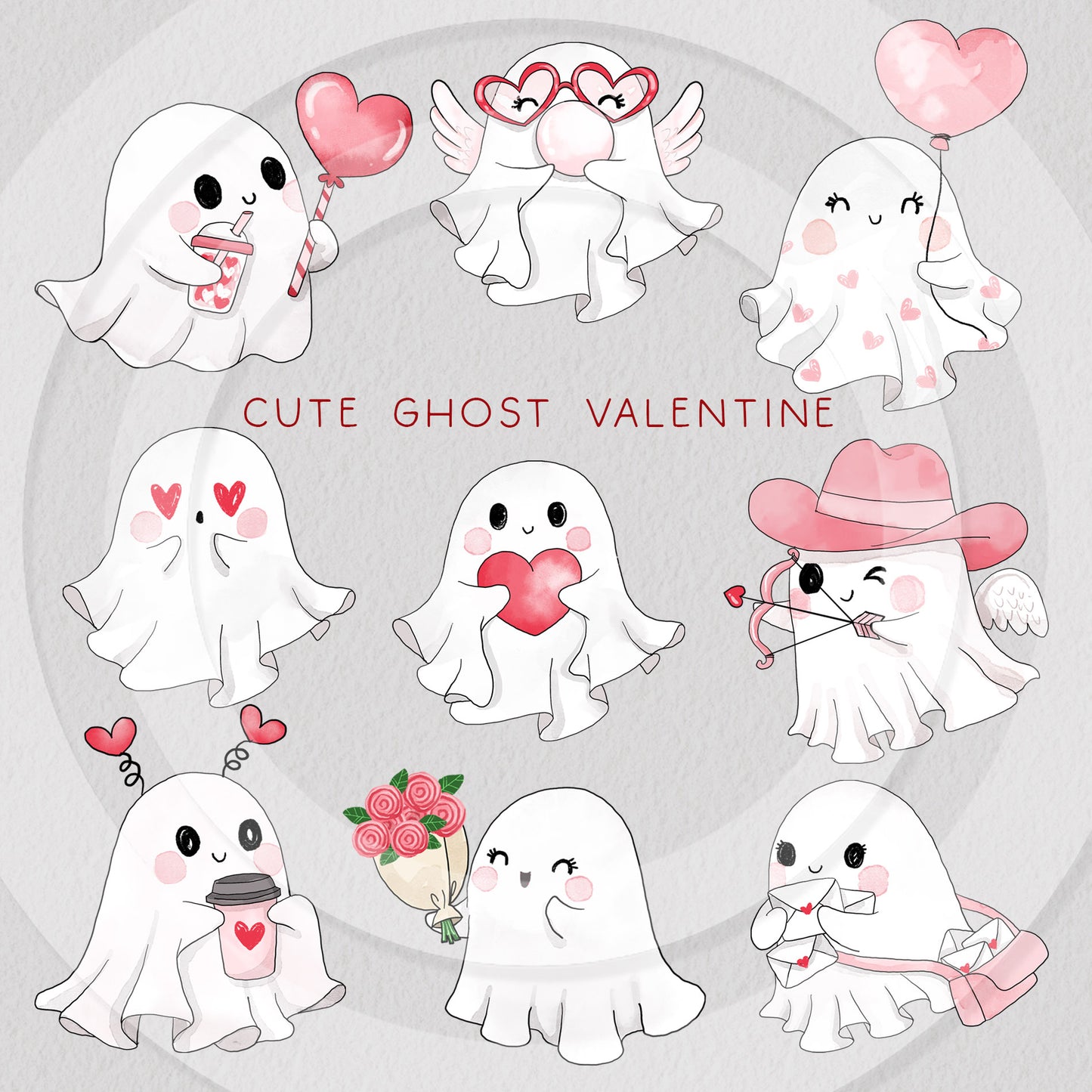 Cute Ghost Valentine's clipart ,seamless Pattern design, Hand drawn clipart, PNG files 300 dpi.
