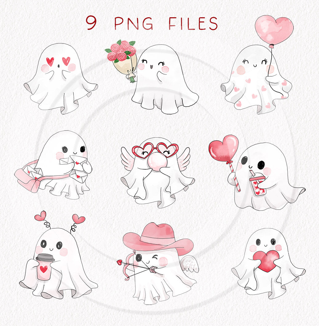 Cute Ghost Valentine's clipart ,seamless Pattern design, Hand drawn clipart, PNG files 300 dpi.