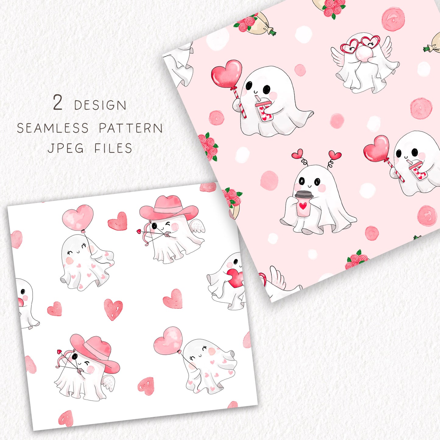 Cute Ghost Valentine's clipart ,seamless Pattern design, Hand drawn clipart, PNG files 300 dpi.