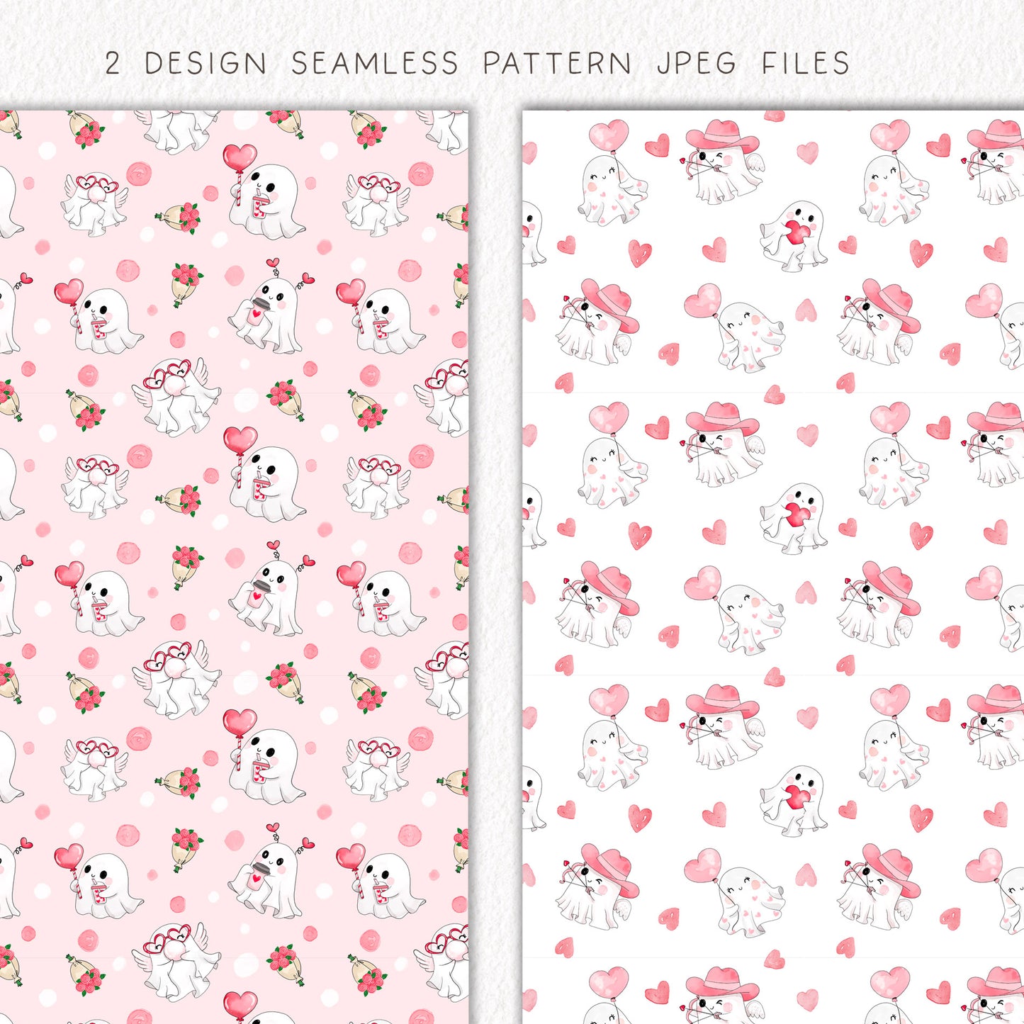 Cute Ghost Valentine's clipart ,seamless Pattern design, Hand drawn clipart, PNG files 300 dpi.
