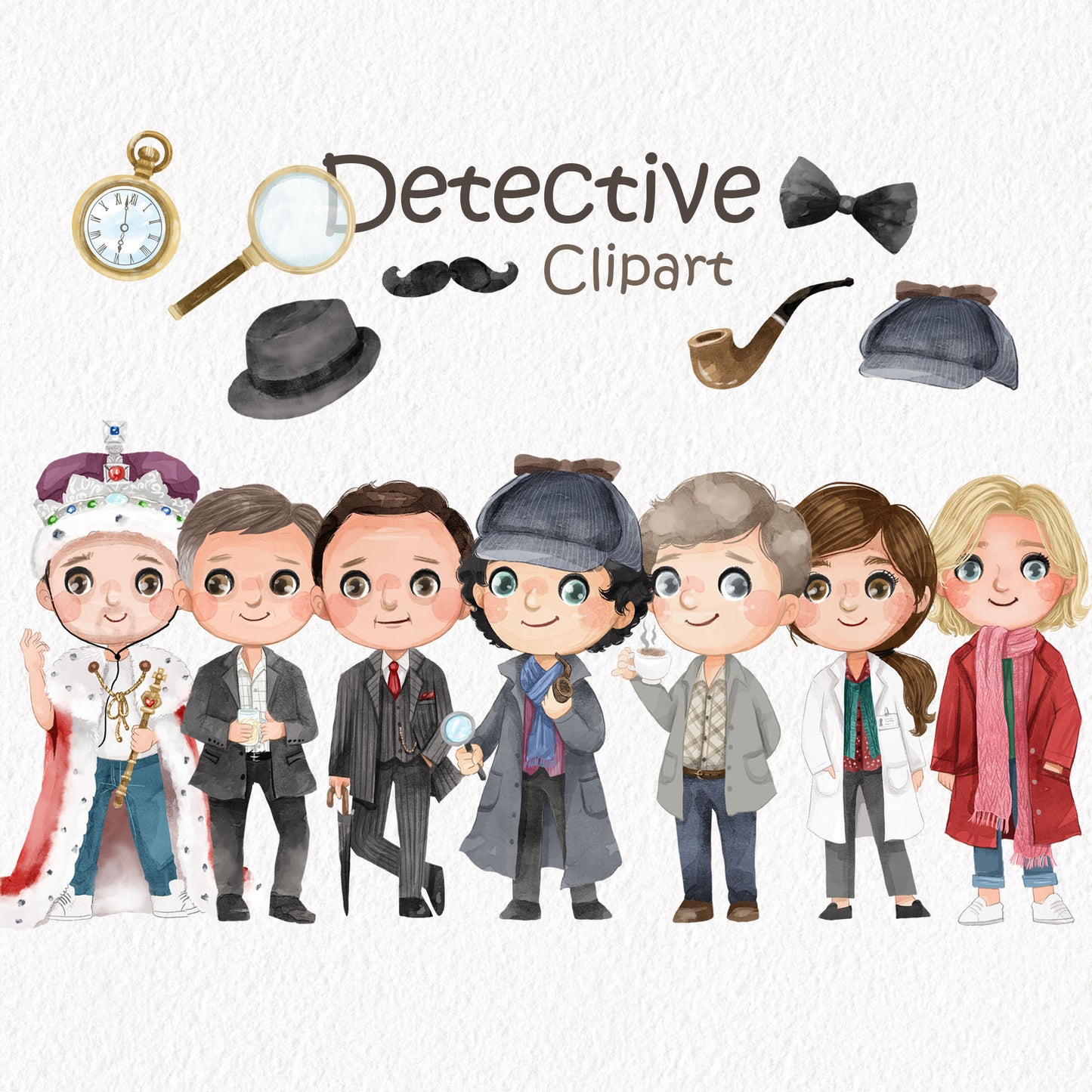Detective characters clipart , Hand drawn clipart instant download PNG file - 300 dpi