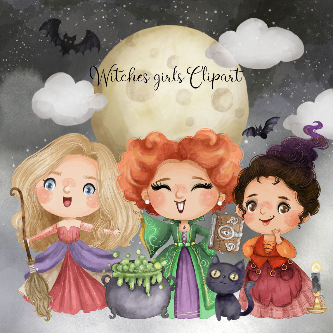 Witch girls family, Halloween Girls clipart instand download PNG file - 300 dpi (Copy)