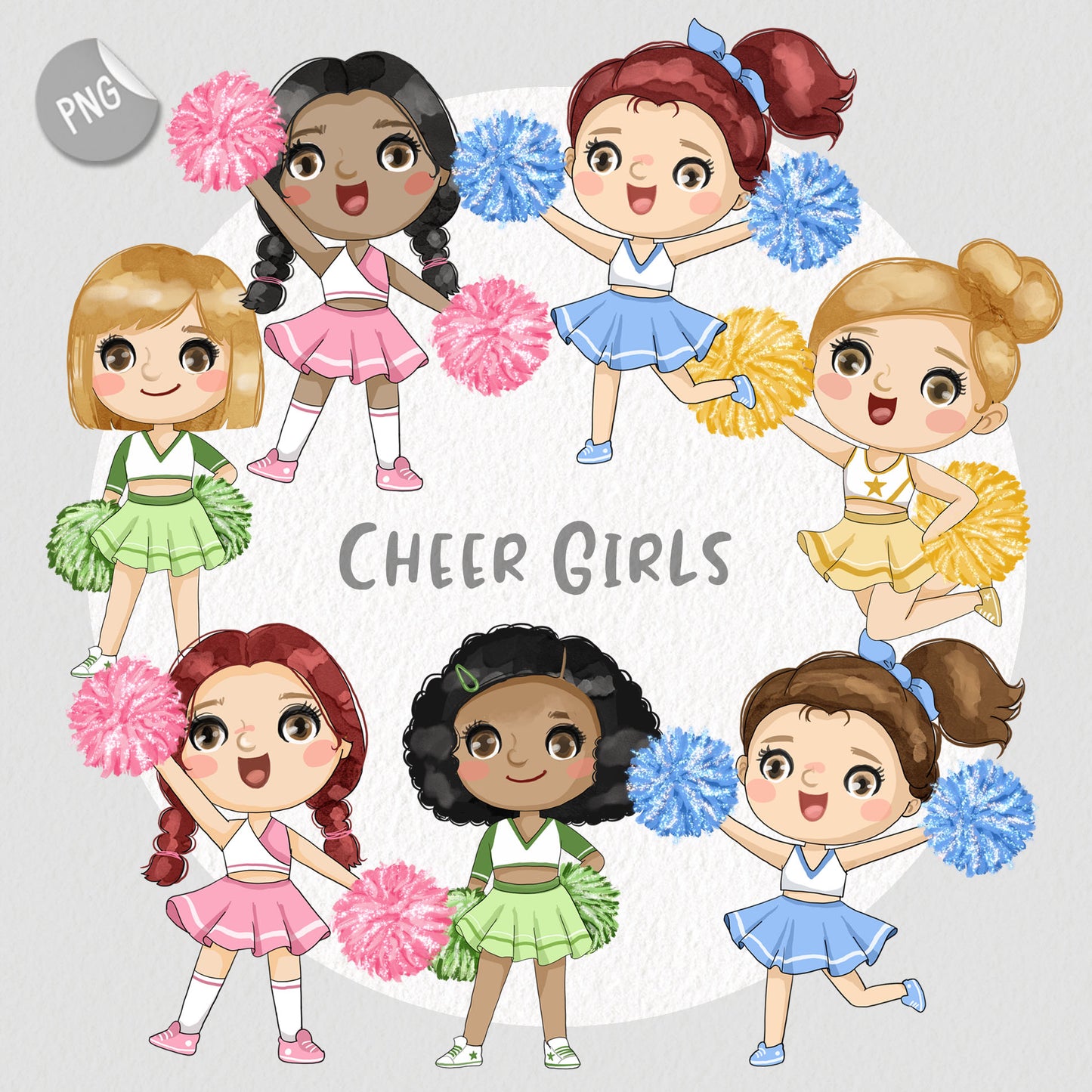 Cheer Girls Clipart, Cheerleader Clipart, Pom Pom Clipart PNG files.