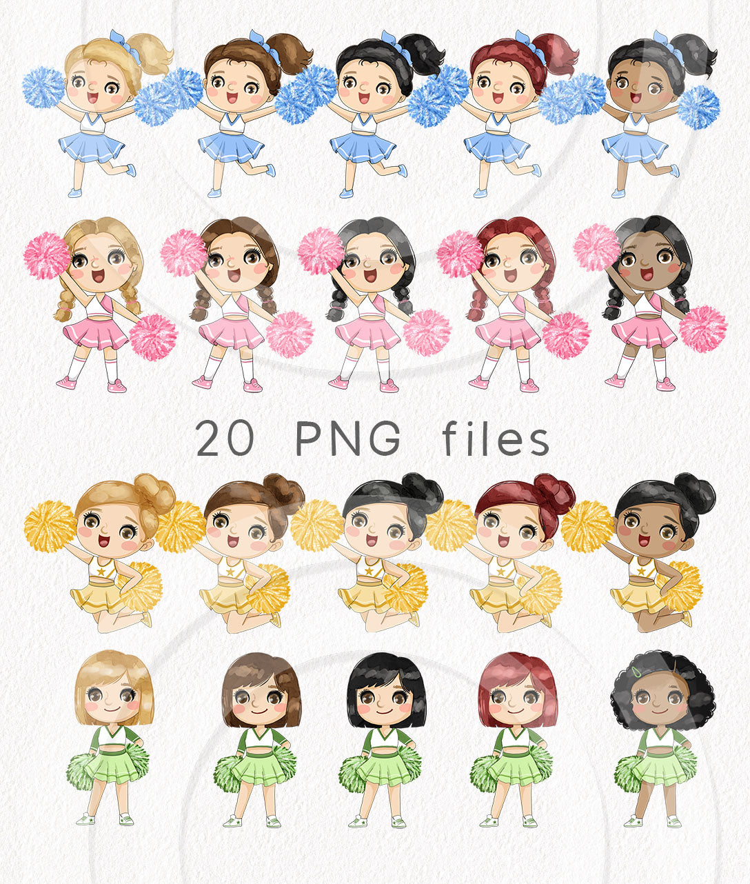 Cheer Girls Clipart, Cheerleader Clipart, Pom Pom Clipart PNG files.