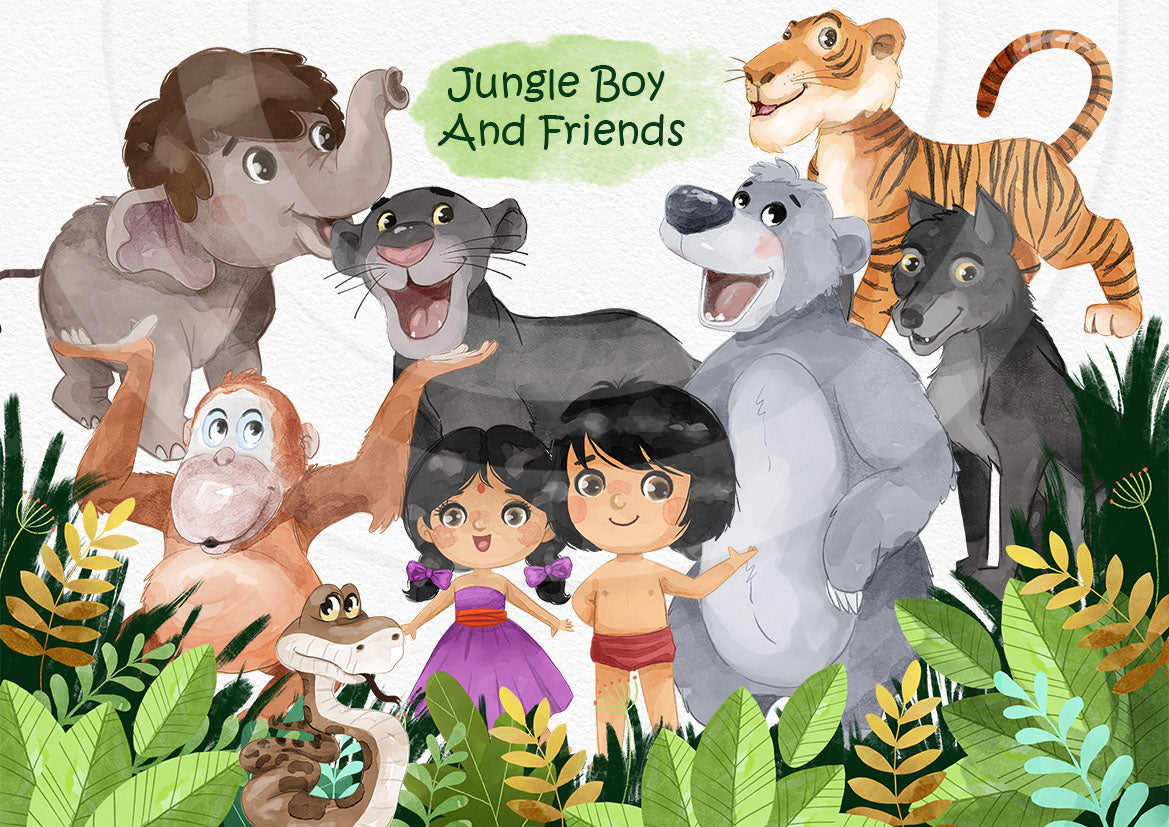Jungle boy and friends Clip Art, Hand draw art, PNG files