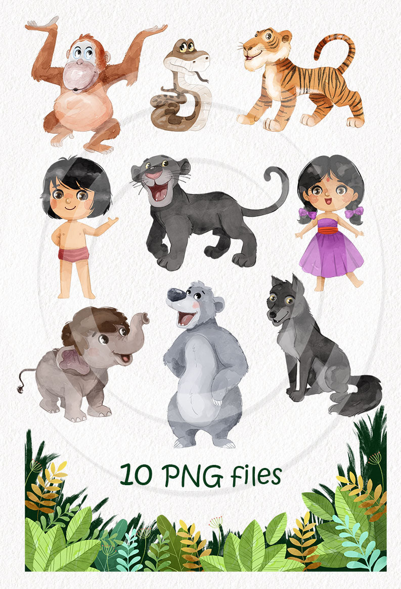 Jungle boy and friends Clip Art, Hand draw art, PNG files
