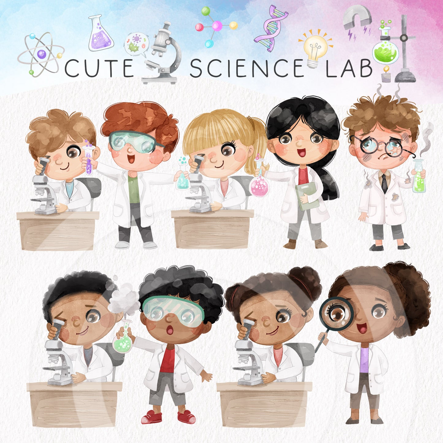 Laboratory Clipart, Cute Science Clipart, Kid Scientist Clip Art, Hand drawn clipart, PNG files.