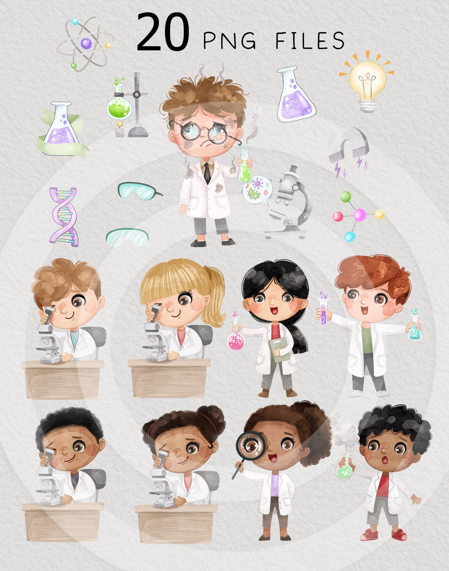 Laboratory Clipart, Cute Science Clipart, Kid Scientist Clip Art, Hand drawn clipart, PNG files.