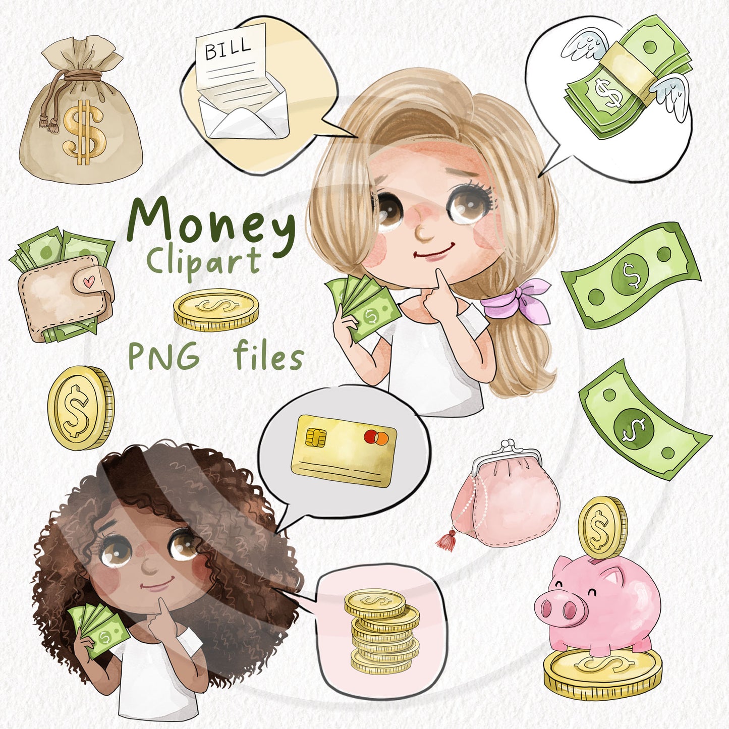 Money Clipart | Saving and Spending clipart ,hand drawn clipart, PNG files 300 dpi.