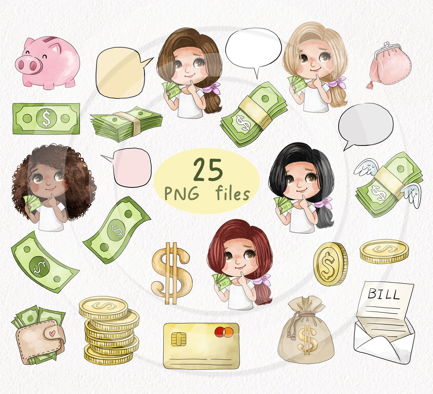 Money Clipart | Saving and Spending clipart ,hand drawn clipart, PNG files 300 dpi.