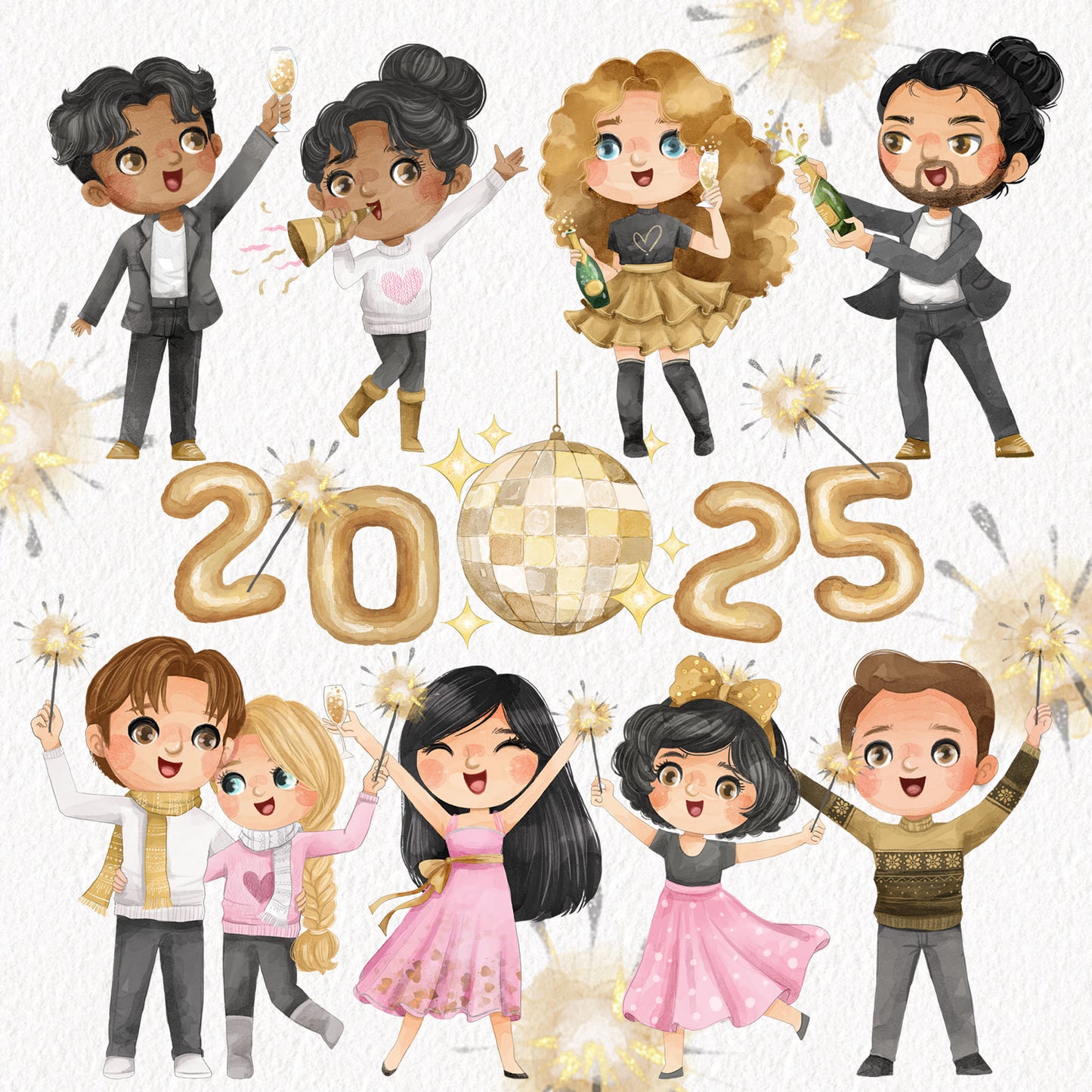 New year 2025 clipart , countdown party clipart instant download PNG file - 300 dpi