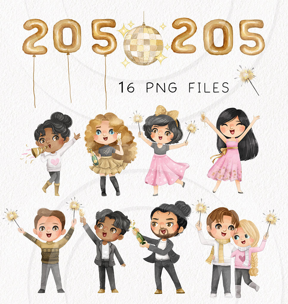 New year 2025 clipart , countdown party clipart instant download PNG file - 300 dpi