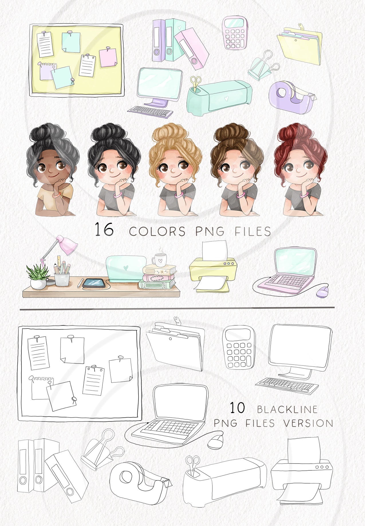 Office Girls Clipart ,hand drawn clipart, PNG files 300 dpi.