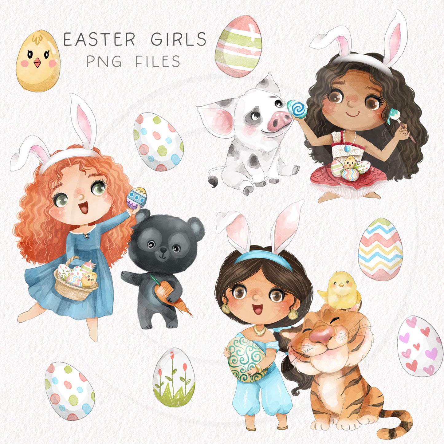 Cute Easter girls and pet clipart, Hand drawn clipart, instant download PNG file - 300 dpi