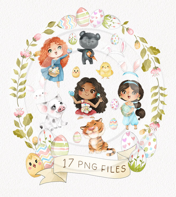 Cute Easter girls and pet clipart, Hand drawn clipart, instant download PNG file - 300 dpi