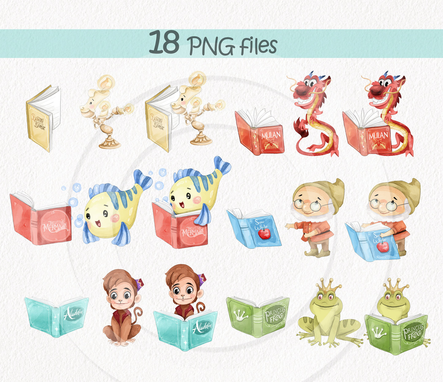 Cute animals reading book clipart set1, Hand drawn clipart, PNG file - 300 dpi