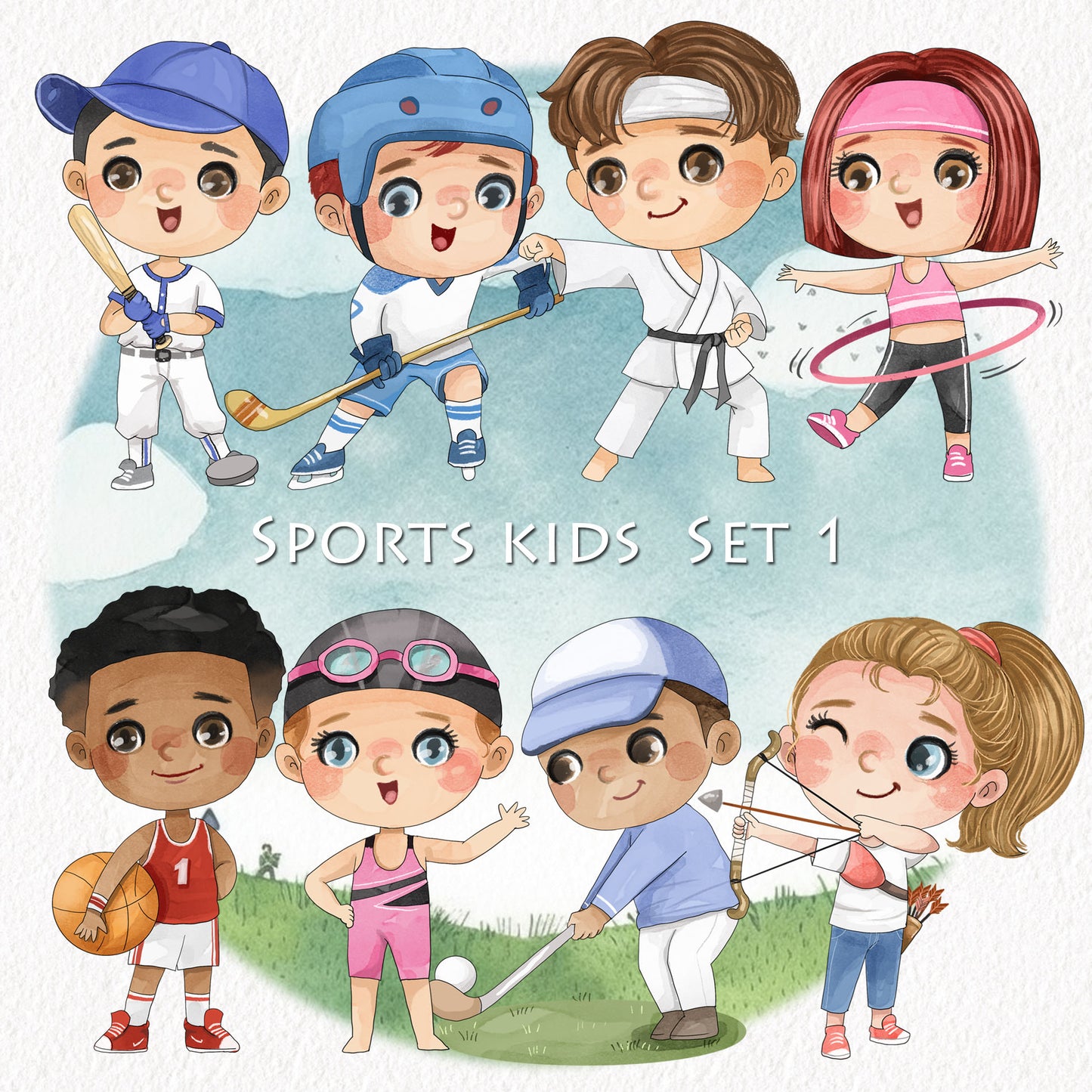 Sport Kids set 1, Kids Sport clipart, Hand drawn clipart, PNG files.