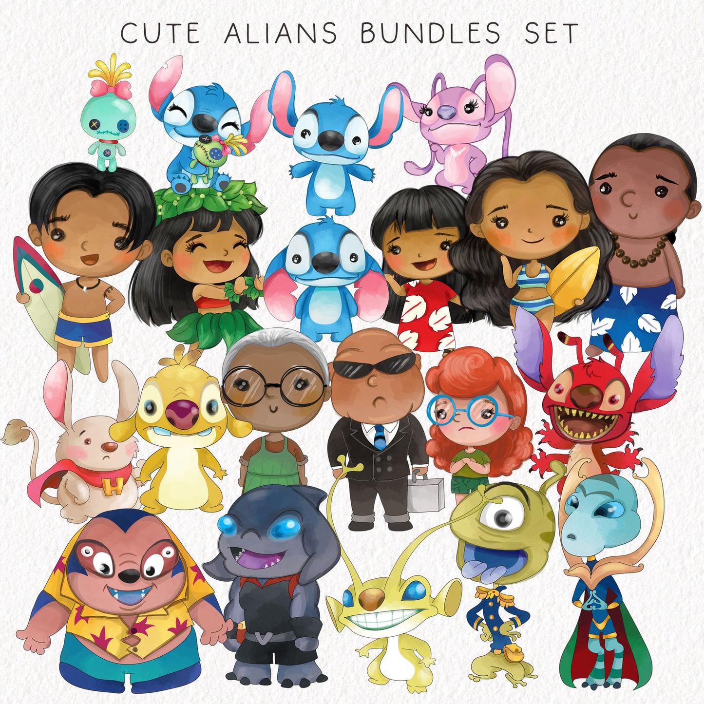 Cute Aliens clipart inspirations BUNDLE set, PNG files.