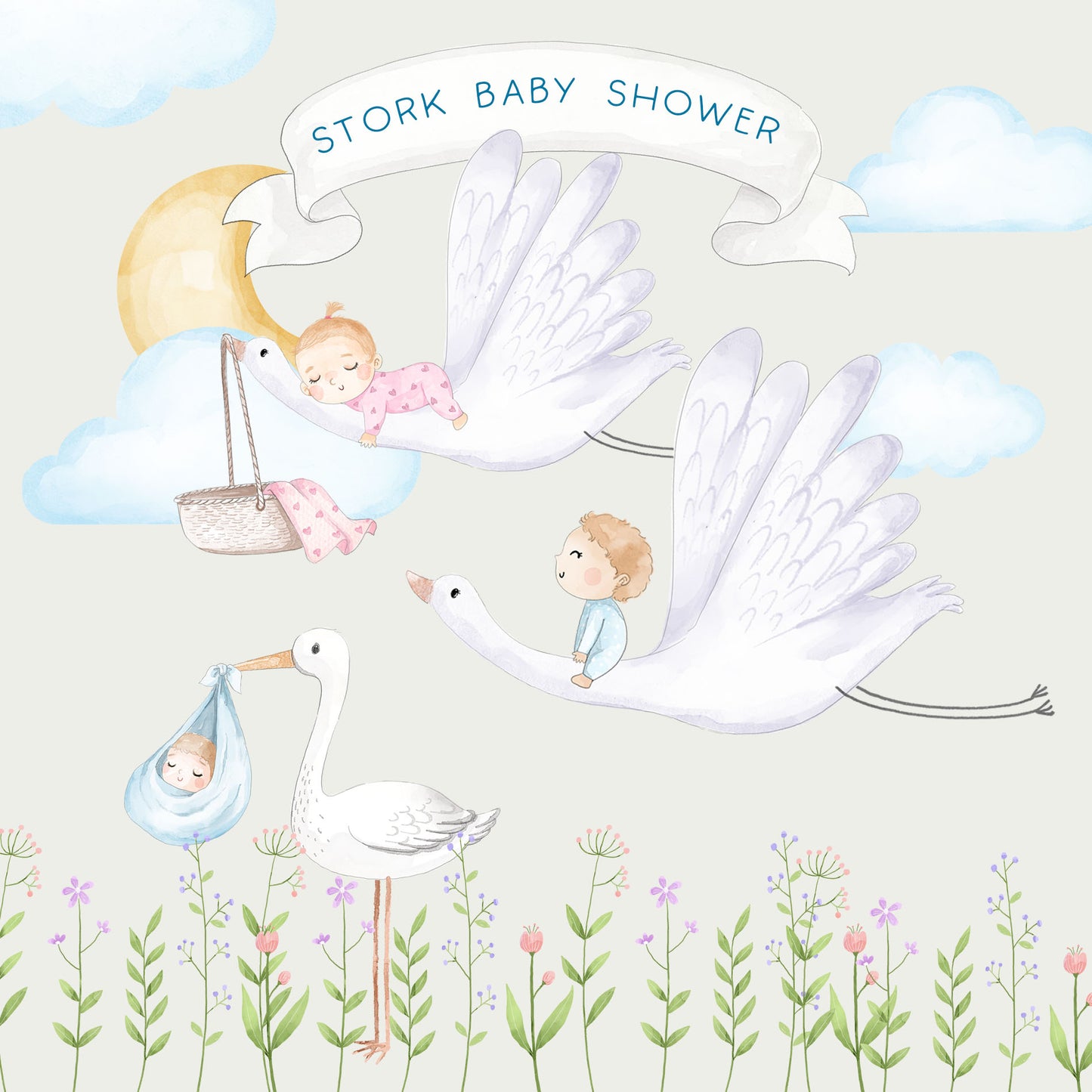 Welcome Baby Watercolor Clipart , Stork baby shower clipart PNG files.