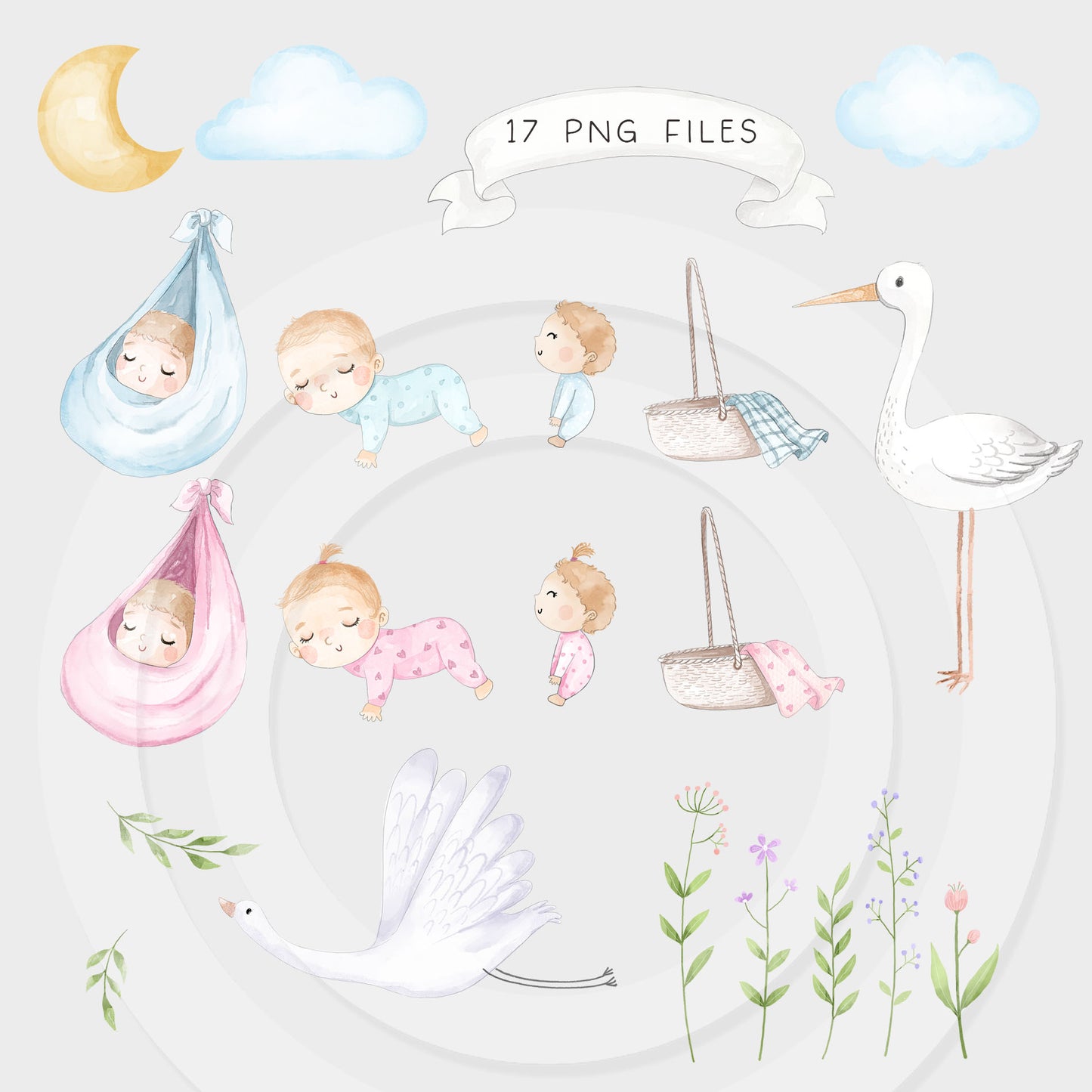Welcome Baby Watercolor Clipart , Stork baby shower clipart PNG files.