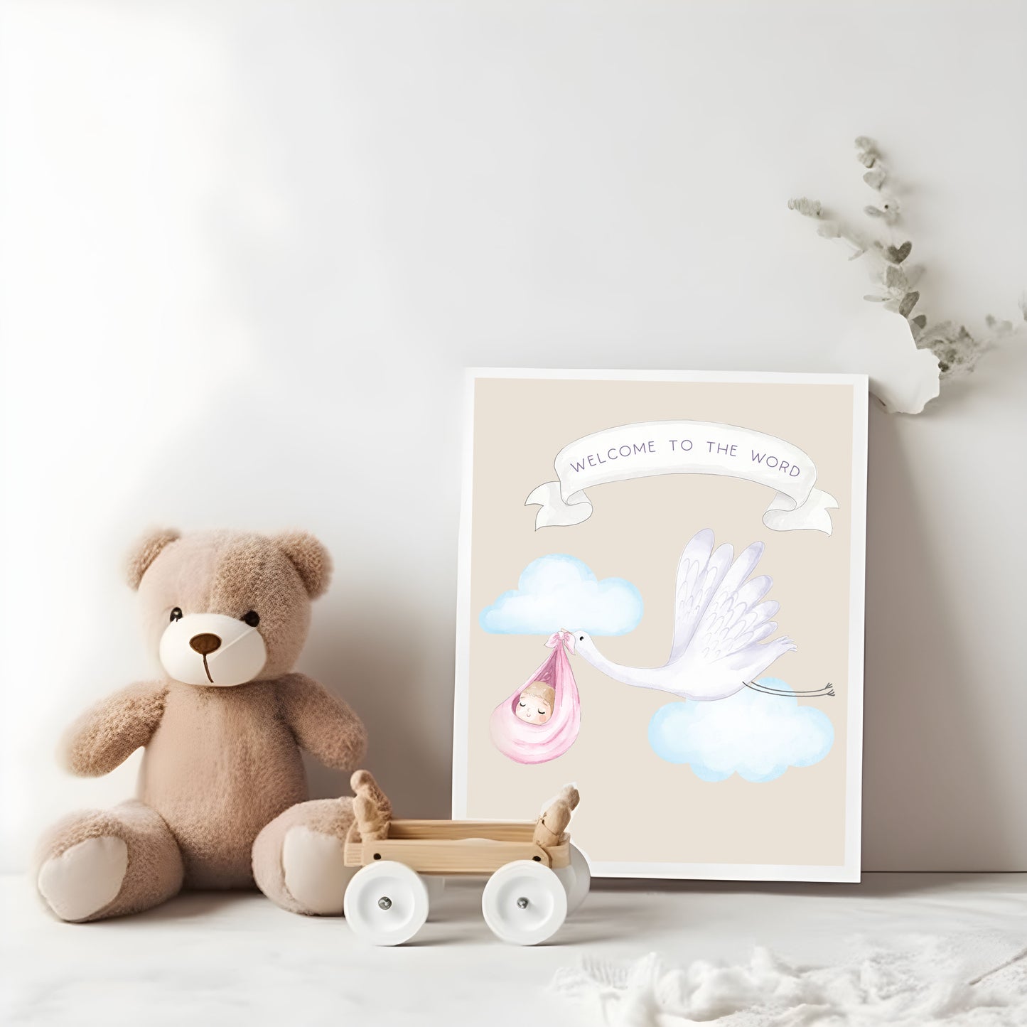 Welcome Baby Watercolor Clipart , Stork baby shower clipart PNG files.