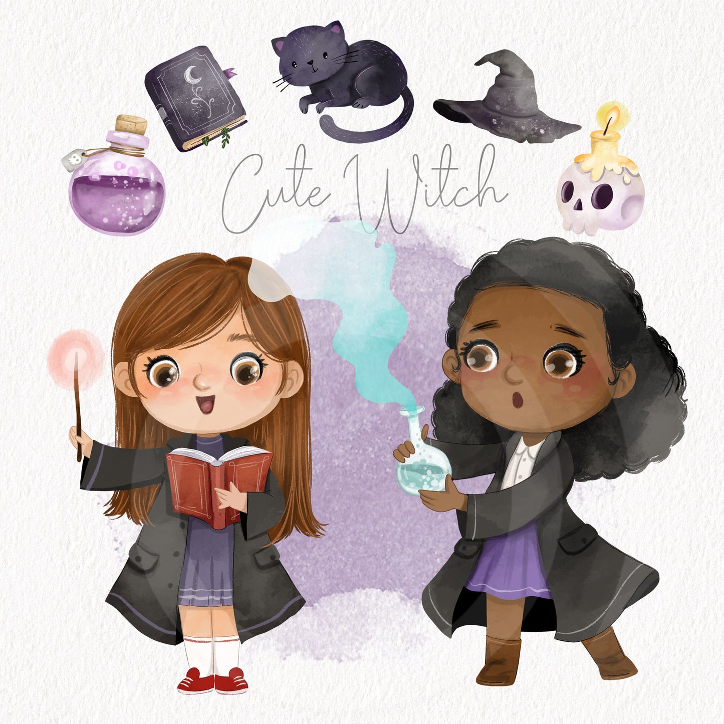 Witch cute girls , Halloween Girls clipart instand download PNG file - 300 dpi