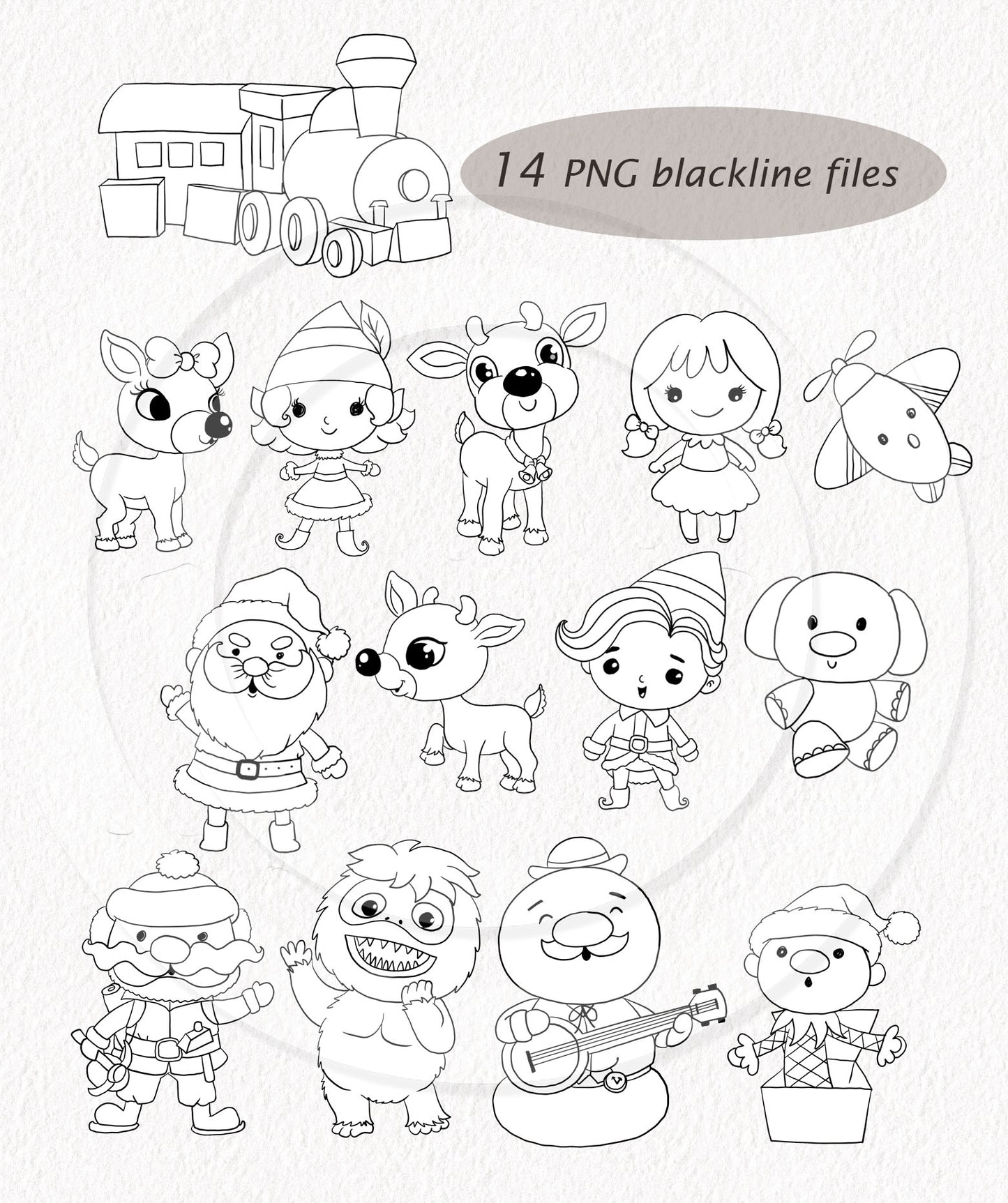 Cute Reindeer and friends ,Blackline art, digital stamp clipart PNG files 300 dpi.