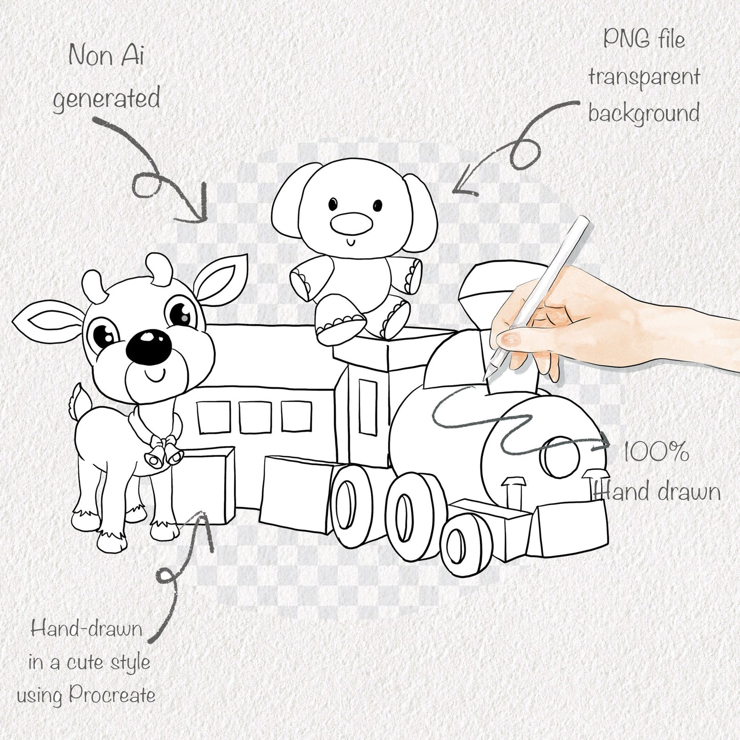 Cute Reindeer and friends ,Blackline art, digital stamp clipart PNG files 300 dpi.