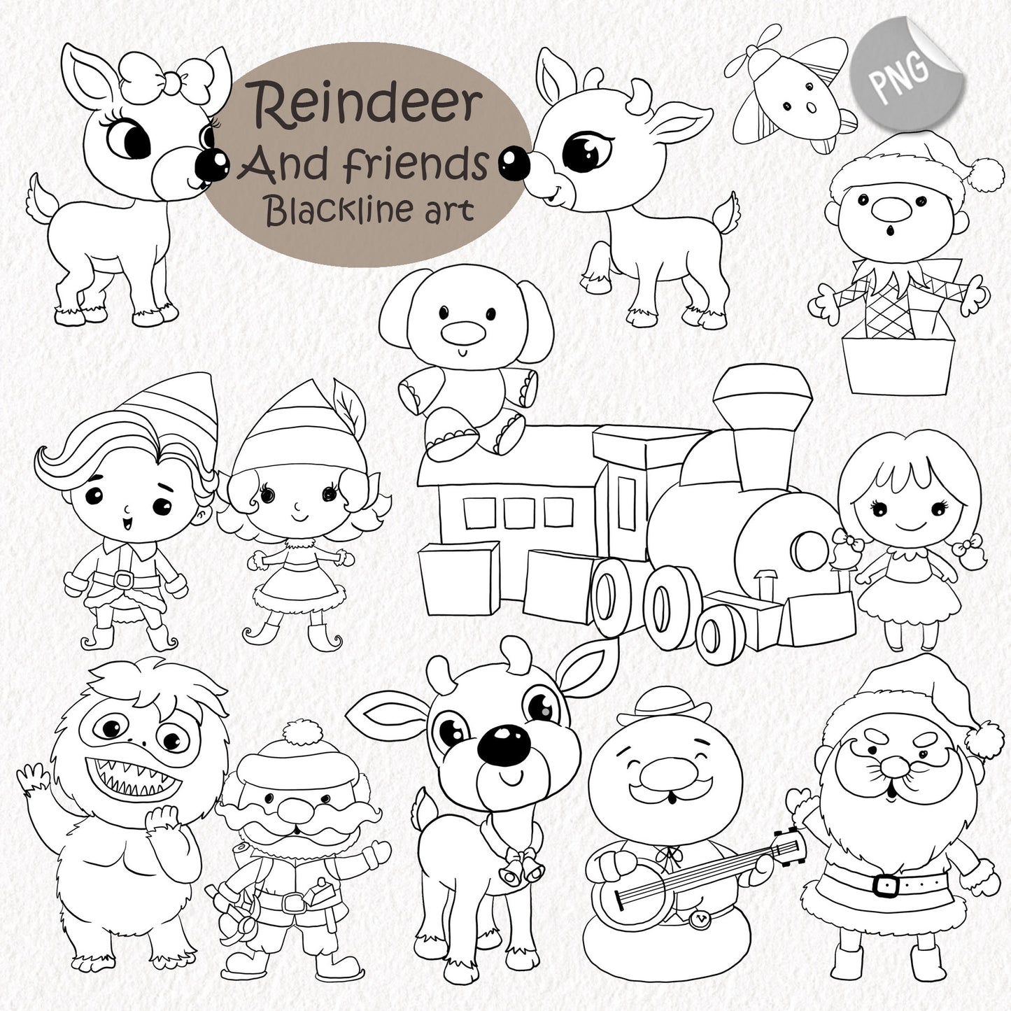 Cute Reindeer and friends ,Blackline art, digital stamp clipart PNG files 300 dpi.