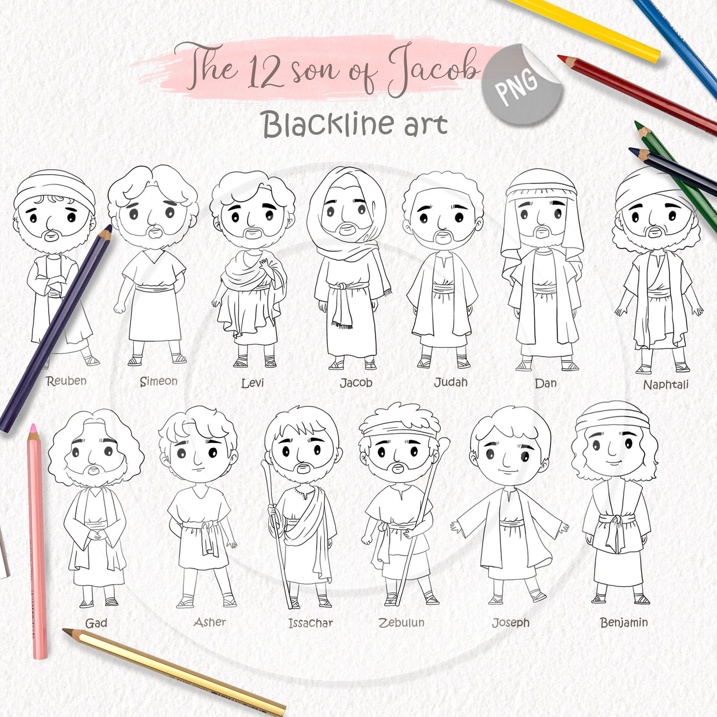12 Sons of Jacob ClipArt ,Blackline art, digital stamp clipart PNG files 300 dpi.