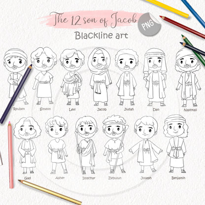 12 Sons of Jacob ClipArt ,Blackline art, digital stamp clipart PNG files 300 dpi.