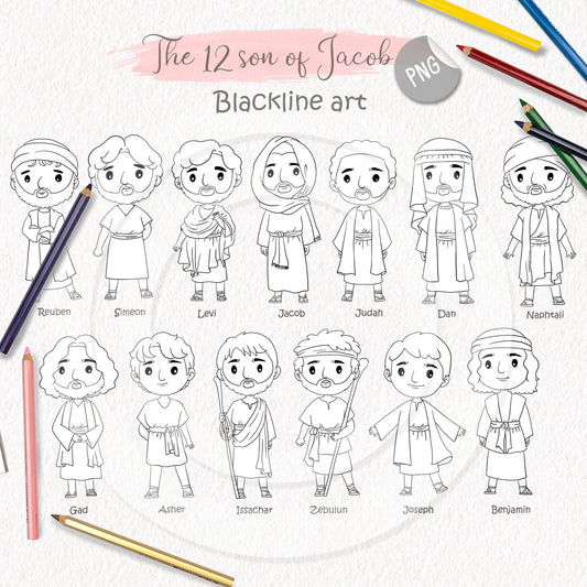 12 Sons of Jacob ClipArt ,Blackline art, digital stamp clipart PNG files 300 dpi.