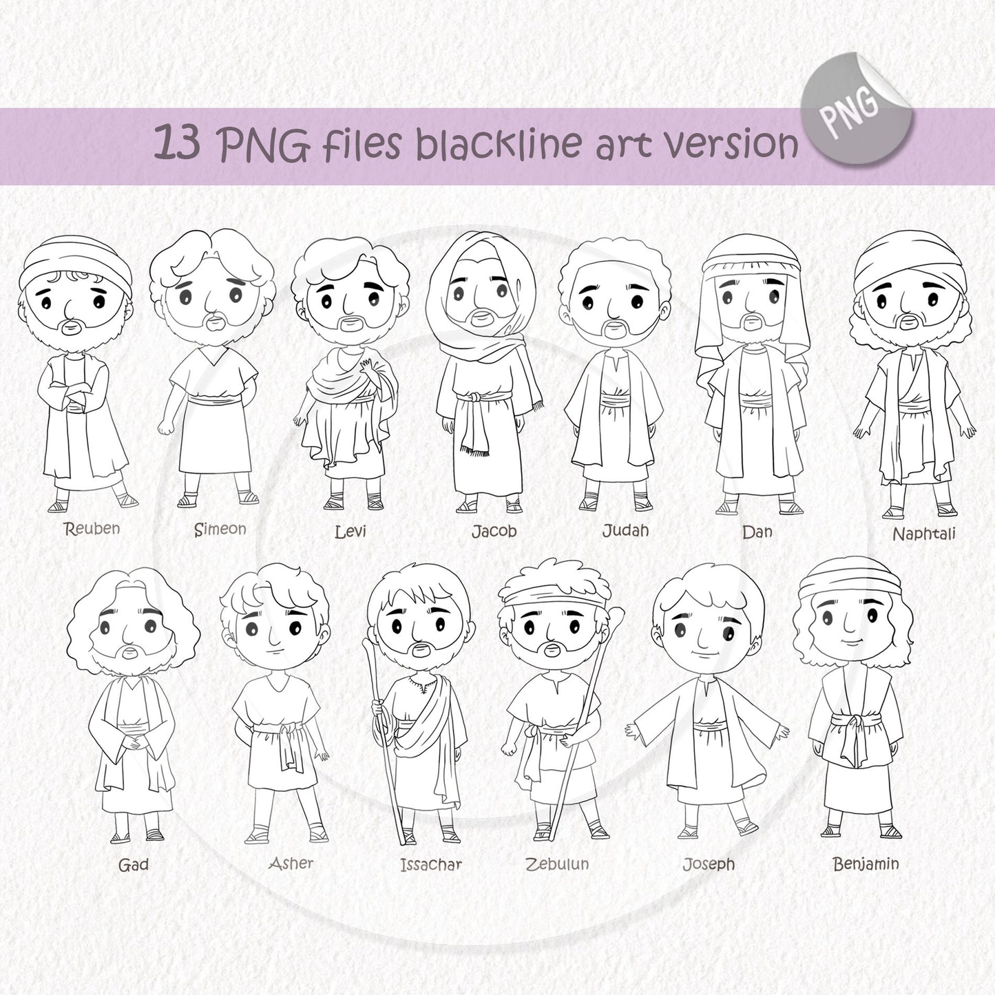 12 Sons of Jacob ClipArt ,Blackline art, digital stamp clipart PNG files 300 dpi.