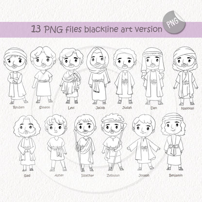 12 Sons of Jacob ClipArt ,Blackline art, digital stamp clipart PNG files 300 dpi.