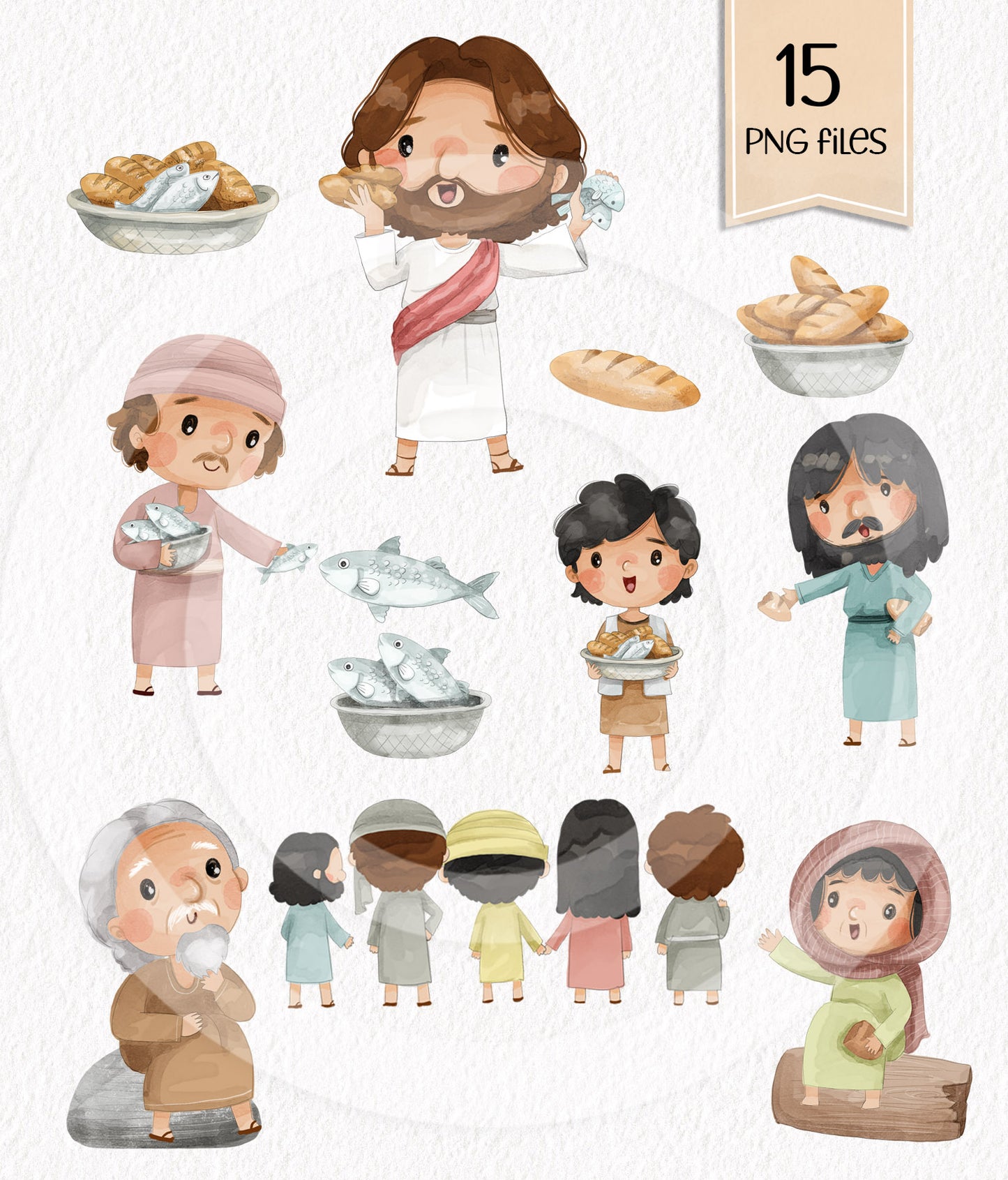 Jesus Feeds 5000 Clipart, Bible Characters Clipart PNG files 300 dpi.