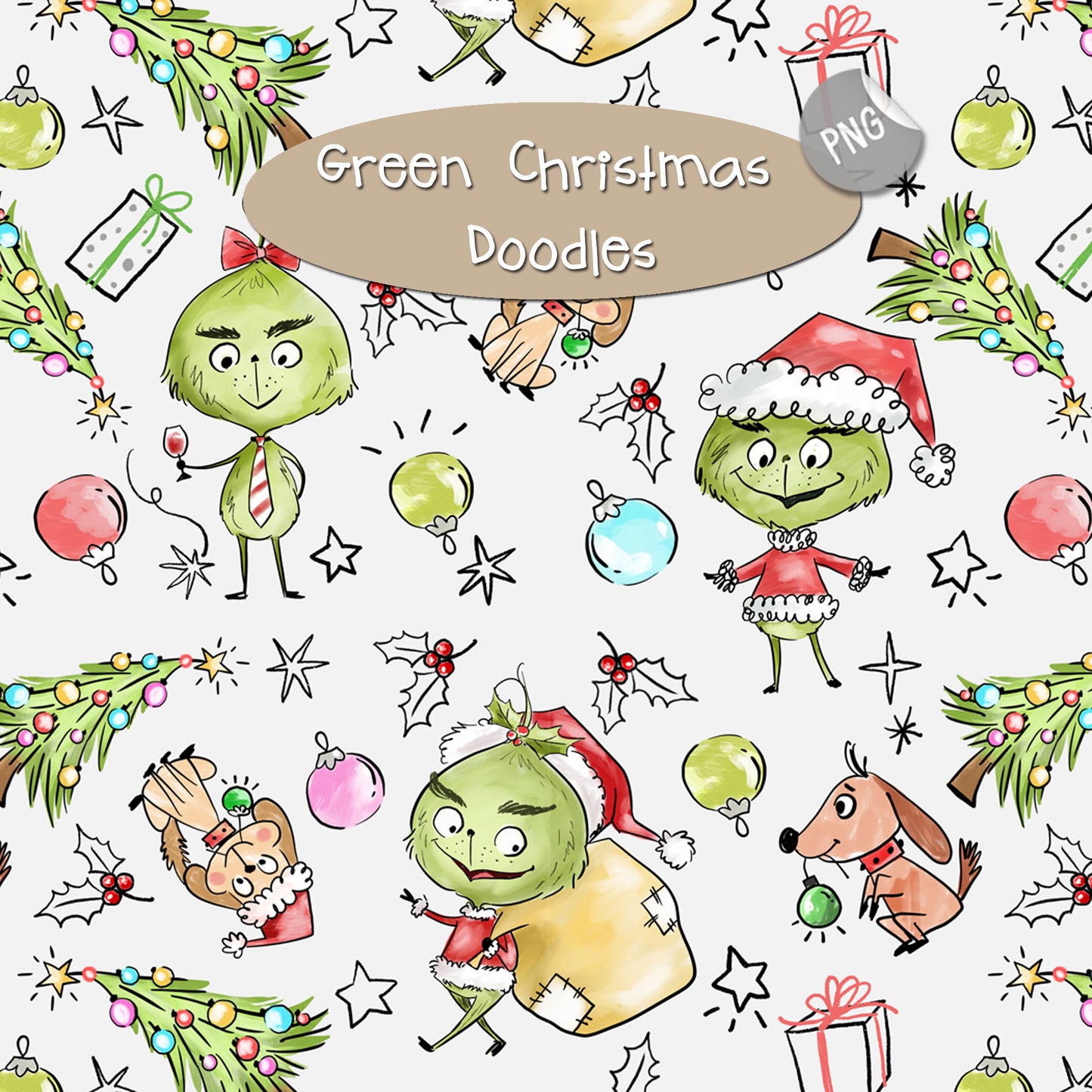 Green Christmas Hand Drawn ,doodle clipart, Seamless Pattern, instant download PNG file - 300 dpi (Copy)