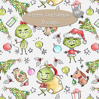 Green Christmas Hand Drawn ,doodle clipart, Seamless Pattern, instant download PNG file - 300 dpi (Copy)